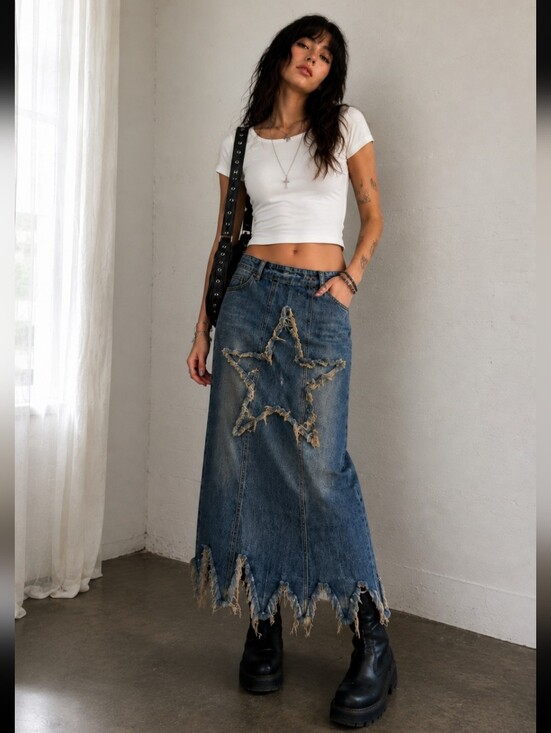 Cider Dresses & Skirts - NWT Cider Y2K distressed star denim midi skirt